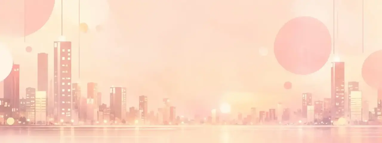 神马电影短剧频道页头插画，浅粉色都市夜景与泡泡